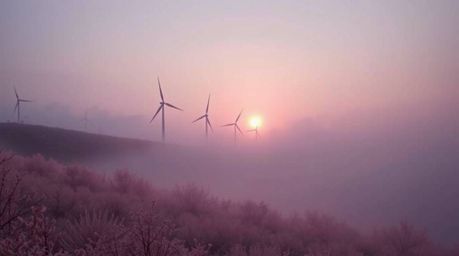 Explore a surreal infrared photograph capturing a mesmerizing sunset behind a row of wind turbines silhouetted on a hill. Env