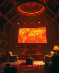 A stunning depiction of a warm-toned, glowing map projected in the air within a modern, yet old-fashioned, futuristic study. 
