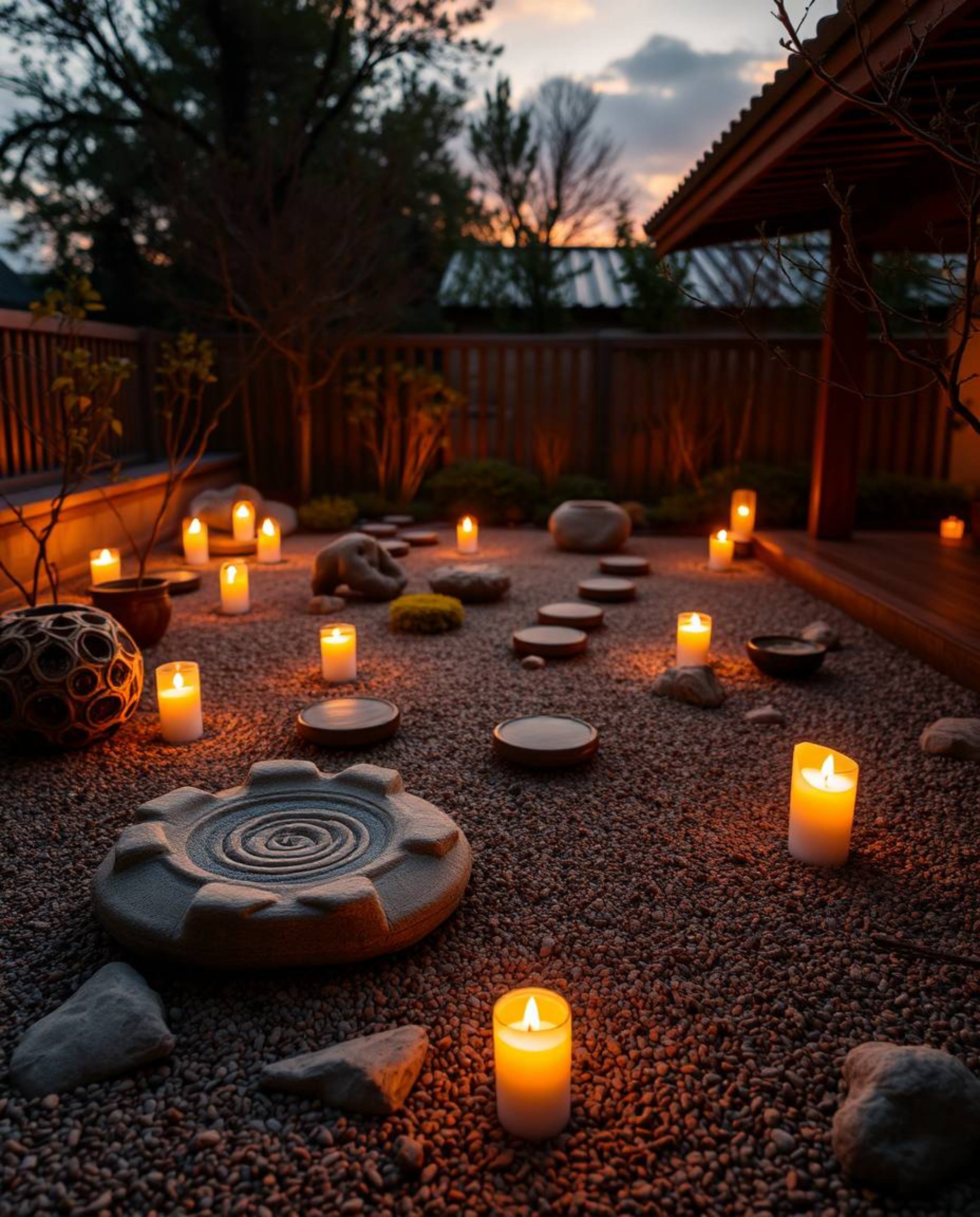 A serene Zen garden at sunset, bathed in warm candlelight, featuring natural earth tones of browns and beiges with muted colo