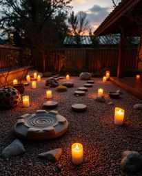 A serene Zen garden at sunset, bathed in warm candlelight, featuring natural earth tones of browns and beiges with muted colo