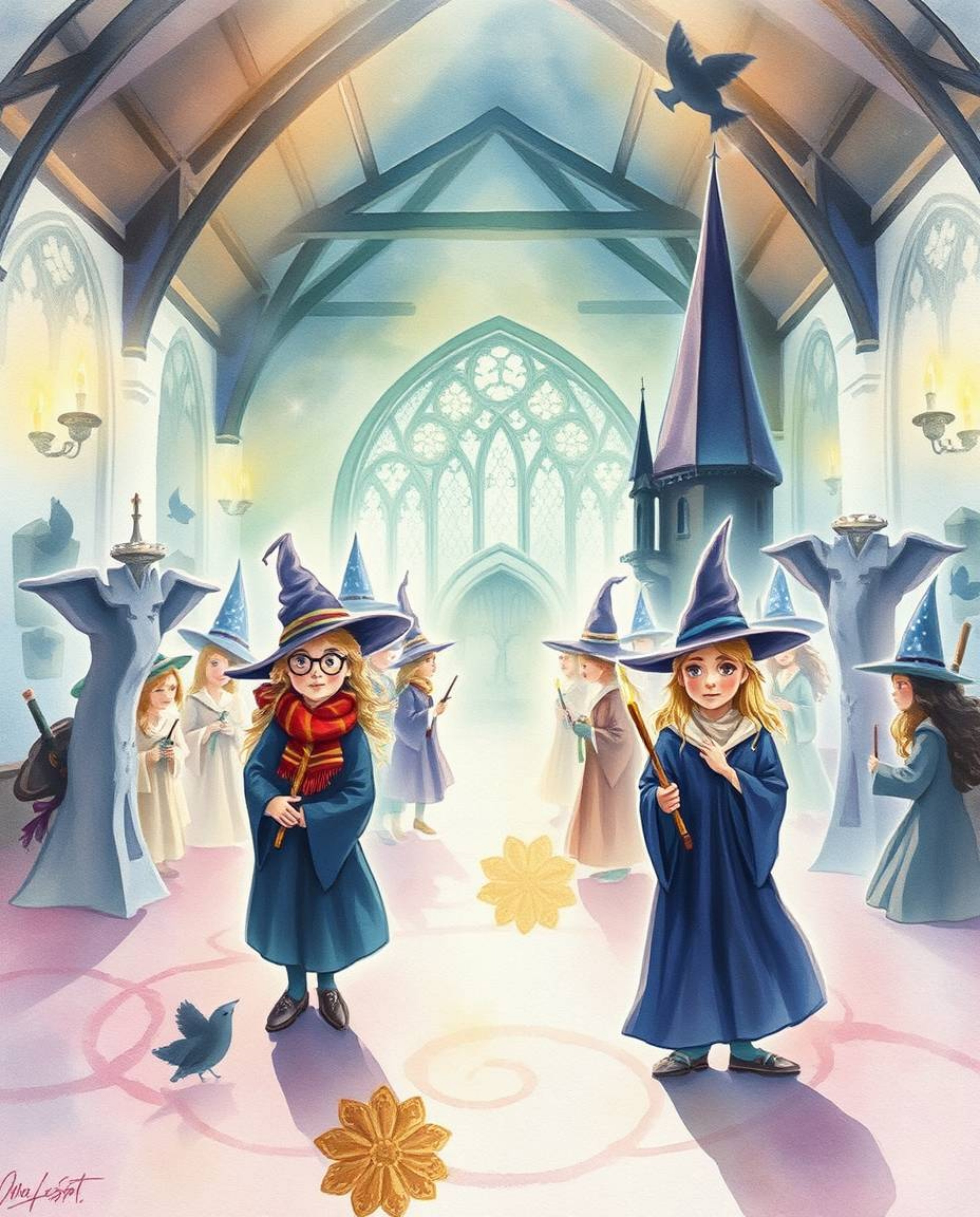 Immerse yourself in a delicate watercolor painting depicting a magical school brimming with young wizards. The artwork evokes