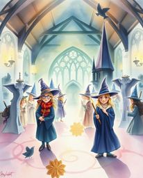 Immerse yourself in a delicate watercolor painting depicting a magical school brimming with young wizards. The artwork evokes