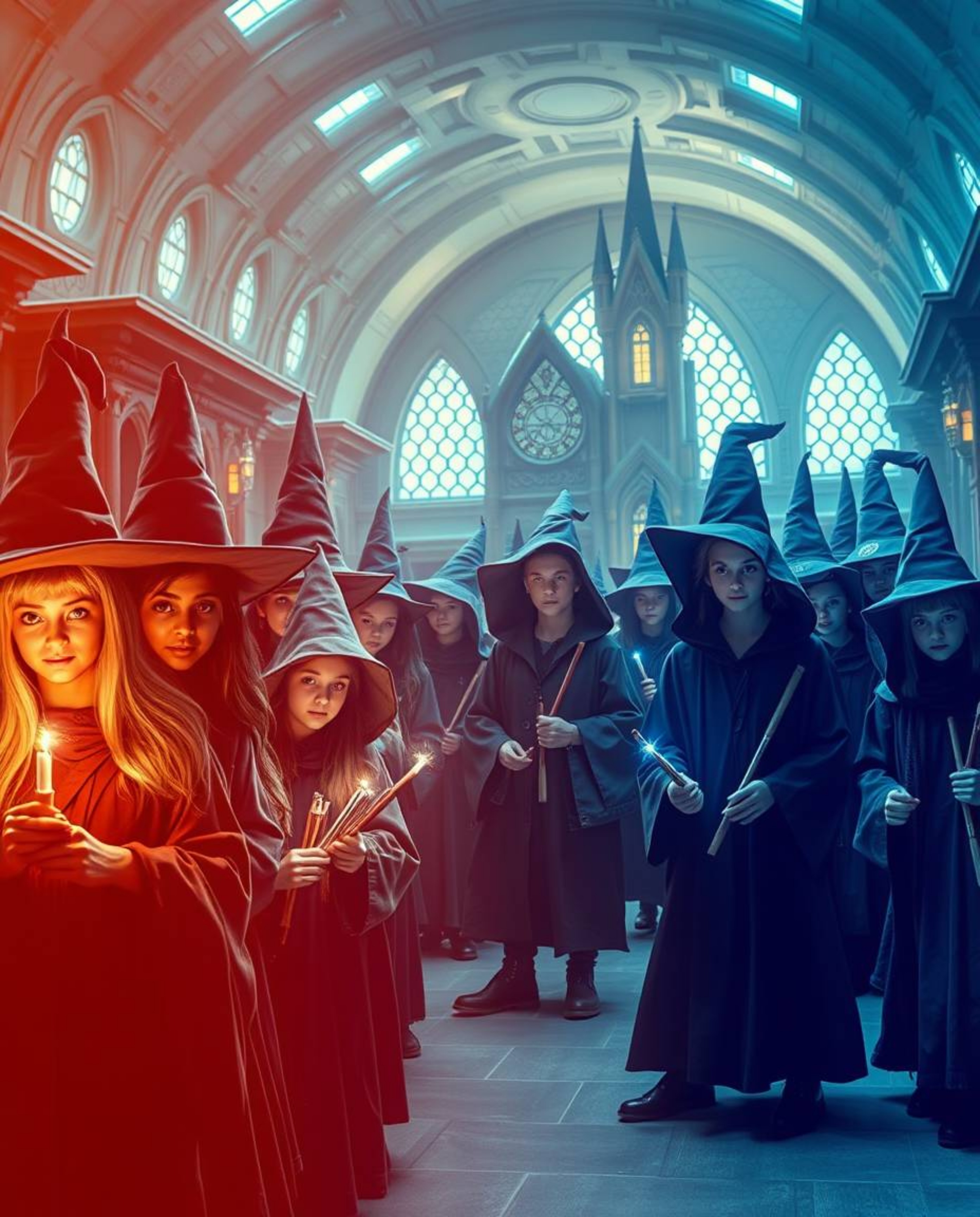 Explore a magical school teeming with young wizards, reimagined in a futuristic sci-fi style.  Advanced technology and space 