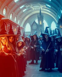 Explore a magical school teeming with young wizards, reimagined in a futuristic sci-fi style.  Advanced technology and space 