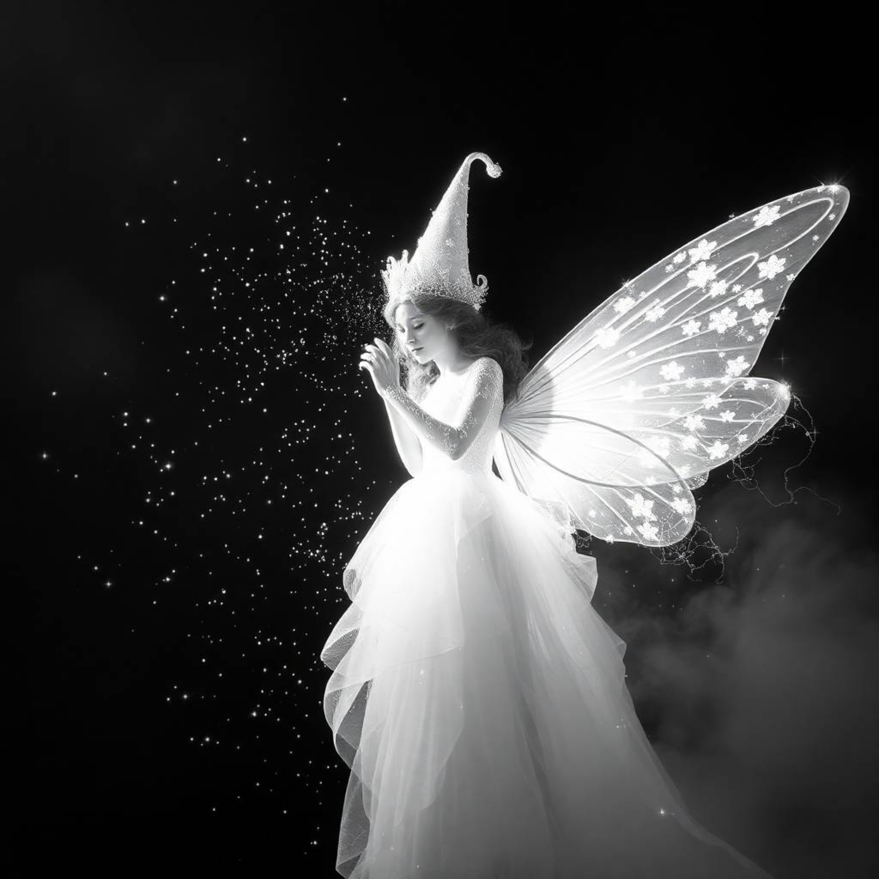 This classic black and white photograph captures the magical moment of a fairy godmother appearing in a swirl of sparkles. Th