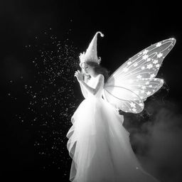 This classic black and white photograph captures the magical moment of a fairy godmother appearing in a swirl of sparkles. Th