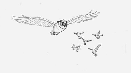 A charming Pixar-esque sketch of a blind owl bravely teaching a group of birds how to fly. The artwork features a mid-flight 
