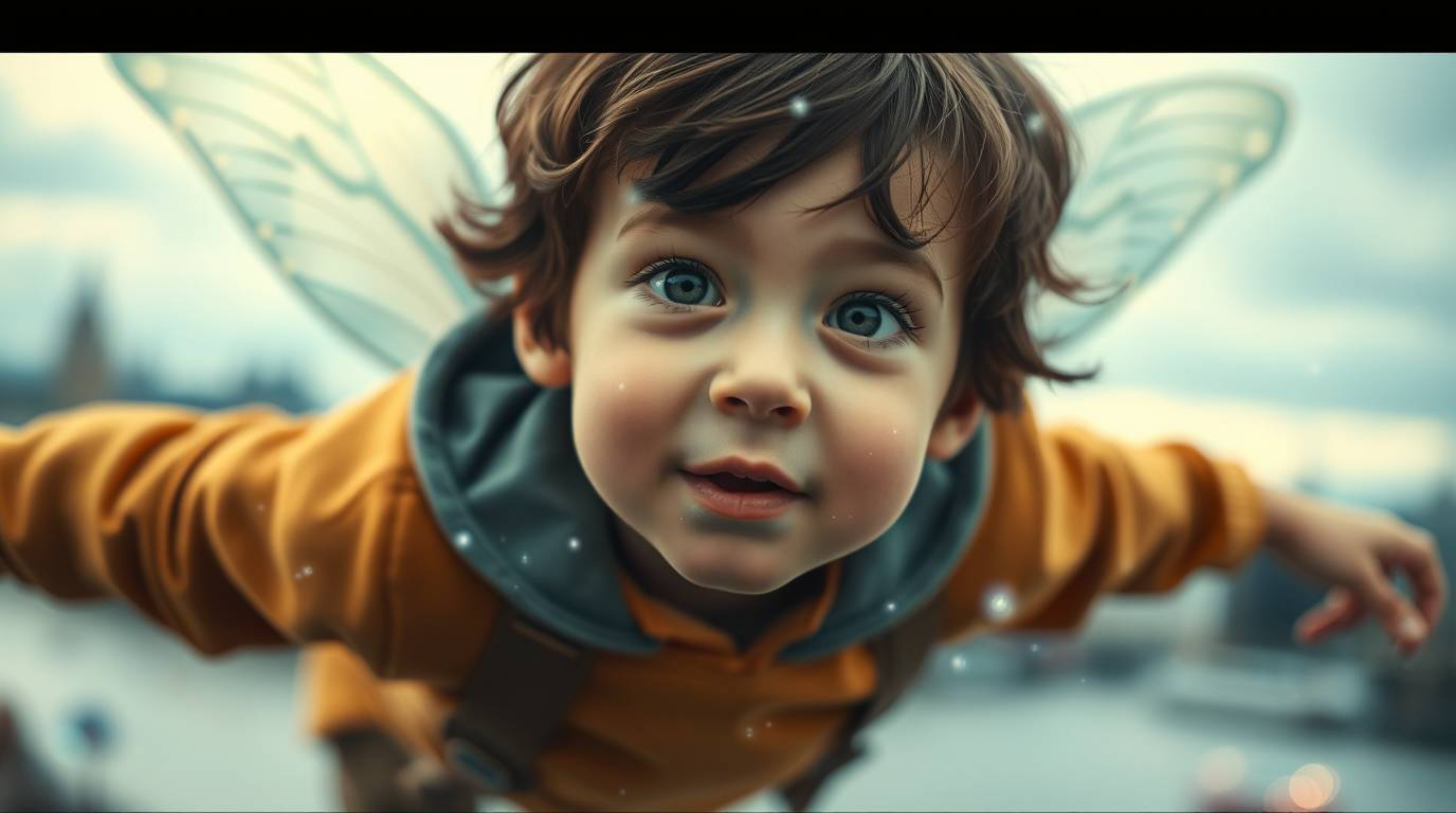 A captivating image of a young boy with expressive features soaring above London with the aid of pixie dust. The image featur