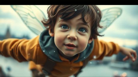 A captivating image of a young boy with expressive features soaring above London with the aid of pixie dust. The image featur