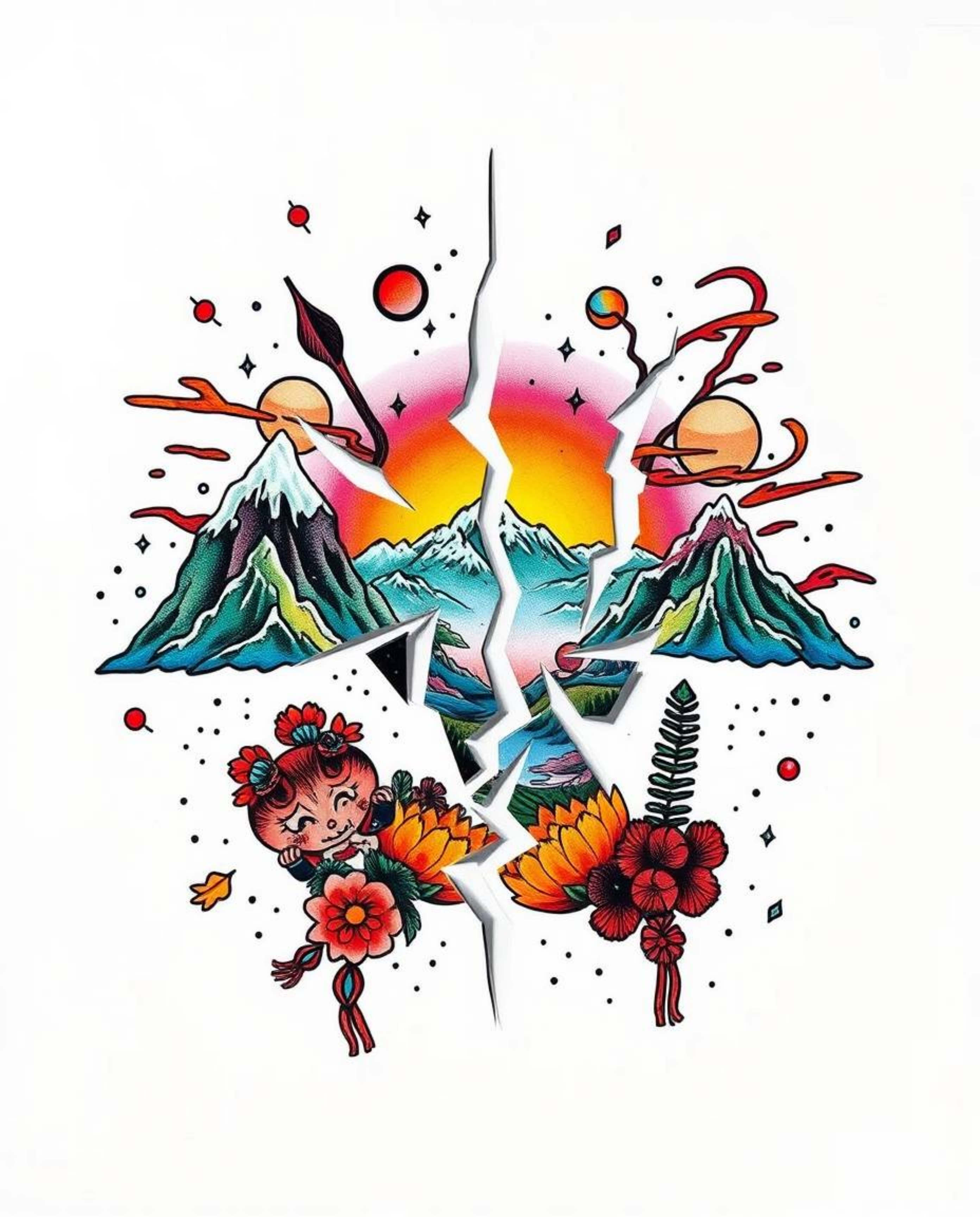 This vibrant symbolic traditional tattoo art print showcases a captivating digital glitch landscape breaking apart against a 