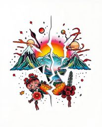 This vibrant symbolic traditional tattoo art print showcases a captivating digital glitch landscape breaking apart against a 