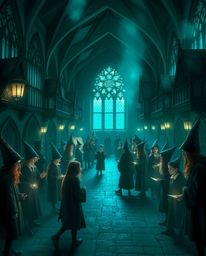 Immerse yourself in a magical school teeming with young wizards, rendered in rich, deep teal tones. This scene is bathed in g