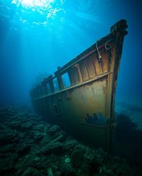 Explore the mesmerizing beauty of a shipwreck illuminated deep underwater, where iridescent colors dance across detailed text