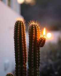 A desert cactus glows in the last rays of the sun, bathed in a beautiful palette of soft pastel colors and the intimate warmt