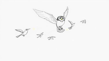 A heartwarming Pixar-style sketch depicts a blind owl in mid-flight, guiding a group of birds as they learn to fly. The artwo