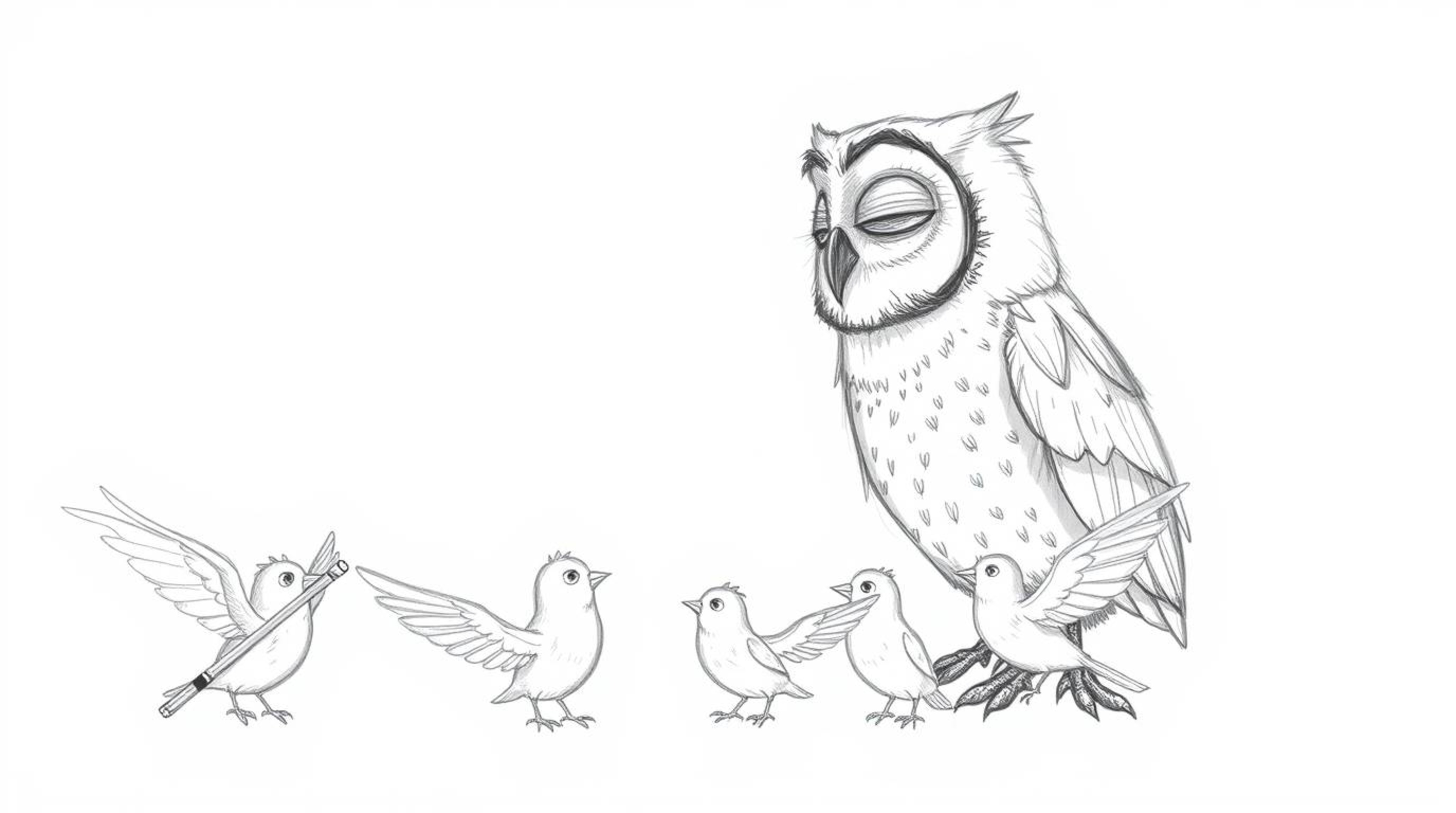 A heartwarming hand-drawn sketch in the style of Pixar depicts a wise, blind owl with soft feathers patiently teaching a floc