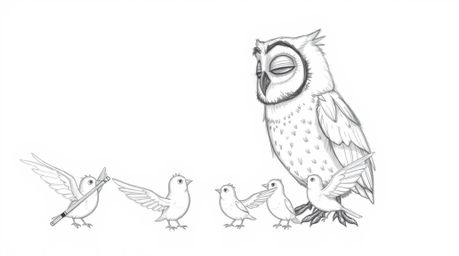 A heartwarming hand-drawn sketch in the style of Pixar depicts a wise, blind owl with soft feathers patiently teaching a floc