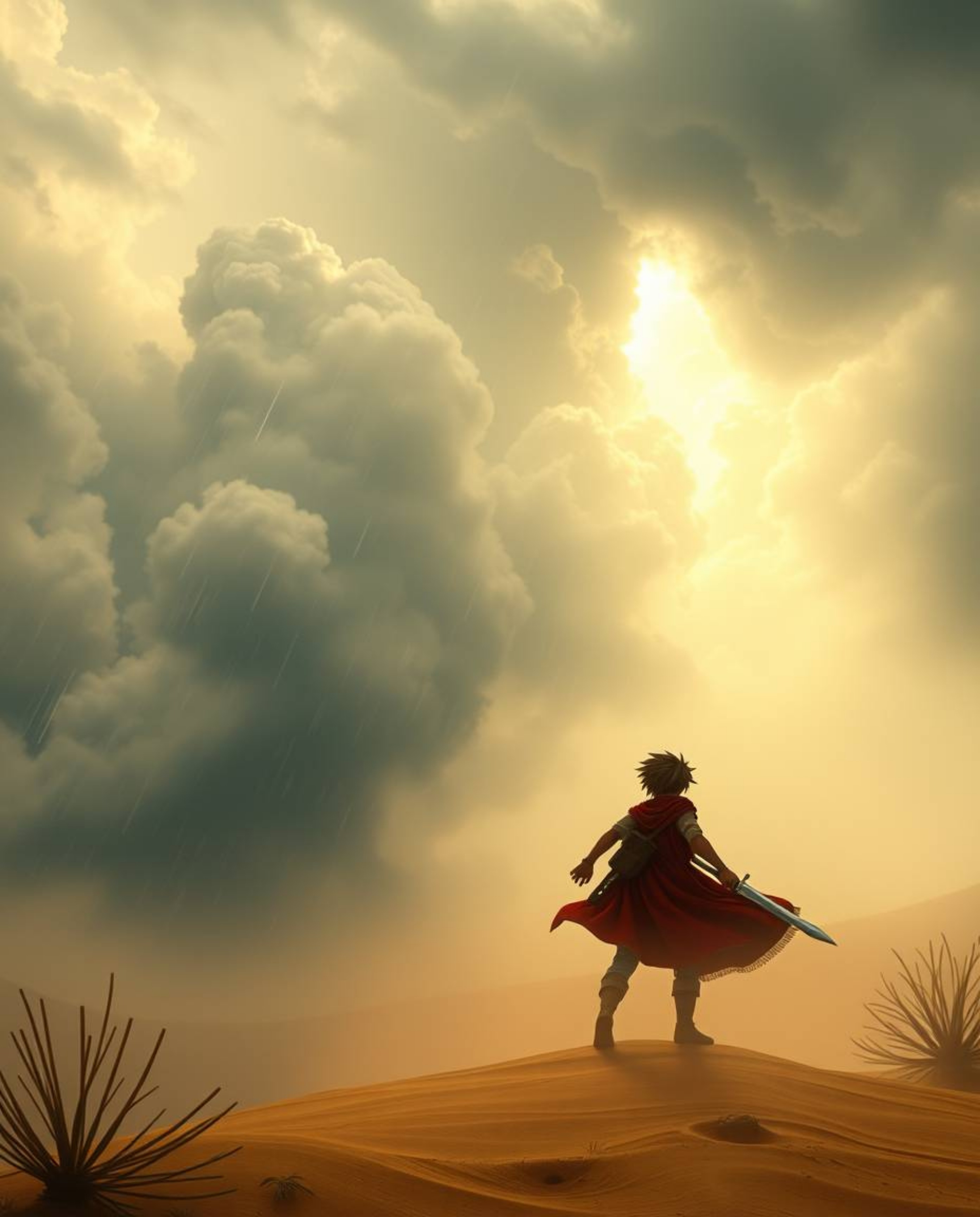 Embark on a thrilling Disney-style desert adventure with a brave hero facing dramatic weather and a hazy, soft-lit landscape.