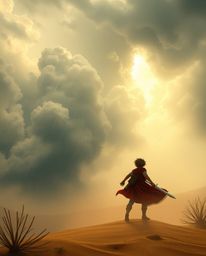 Embark on a thrilling Disney-style desert adventure with a brave hero facing dramatic weather and a hazy, soft-lit landscape.