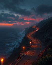 This digital painting captures a winding coastal highway at sunset, bathed in the eerie, warm glow of flickering candlelight.