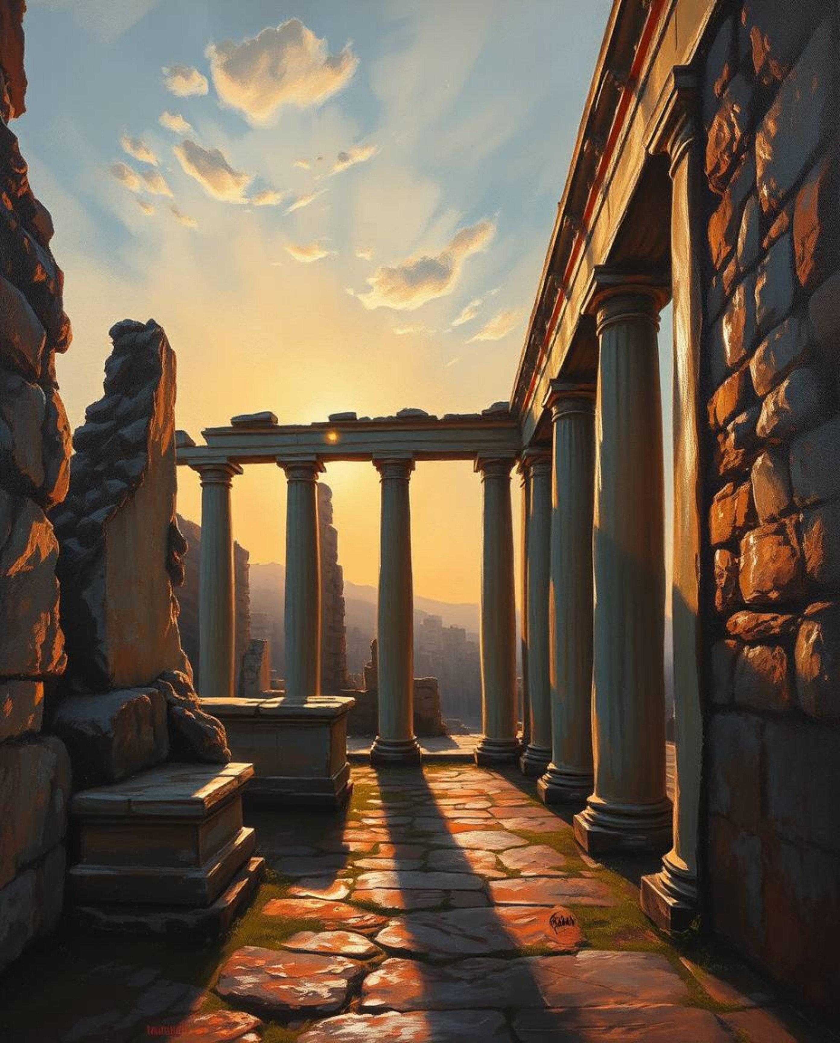 A depiction of a sunset casting shadows through ancient stone ruins in a classic oil painting style. The artwork is character