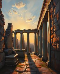 A depiction of a sunset casting shadows through ancient stone ruins in a classic oil painting style. The artwork is character