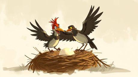 A rough, dynamic digital sketch depicting two cartoon birds diligently building a nest in a classic animation style. The art