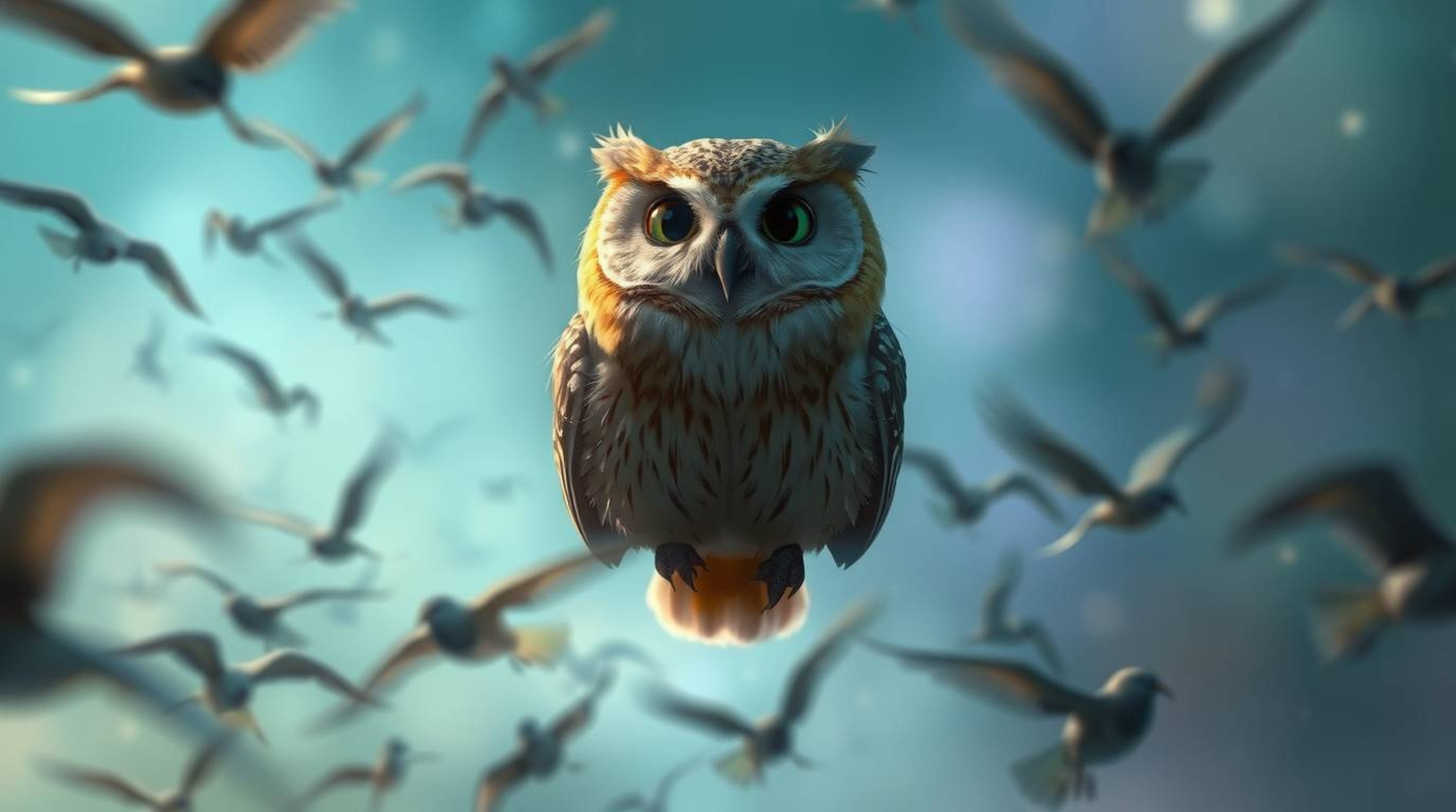 A long-exposure photograph, created in a Pixar style, depicts a wise, blind owl with soft, expressive features and light brow