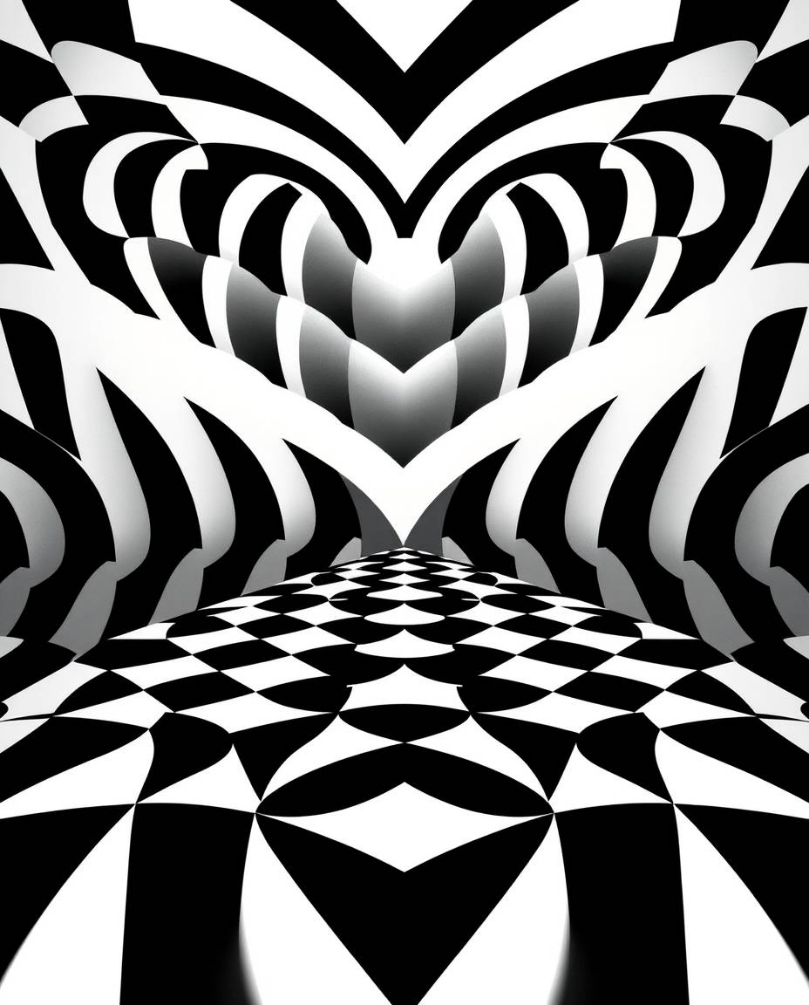 This artwork showcases a graceful and elegant design featuring a black and white geometric optical illusion pattern rendered 