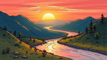 Discover adorable and cute hand-drawn sketches featuring a winding river glowing under a dramatic orange-pink sky. These char