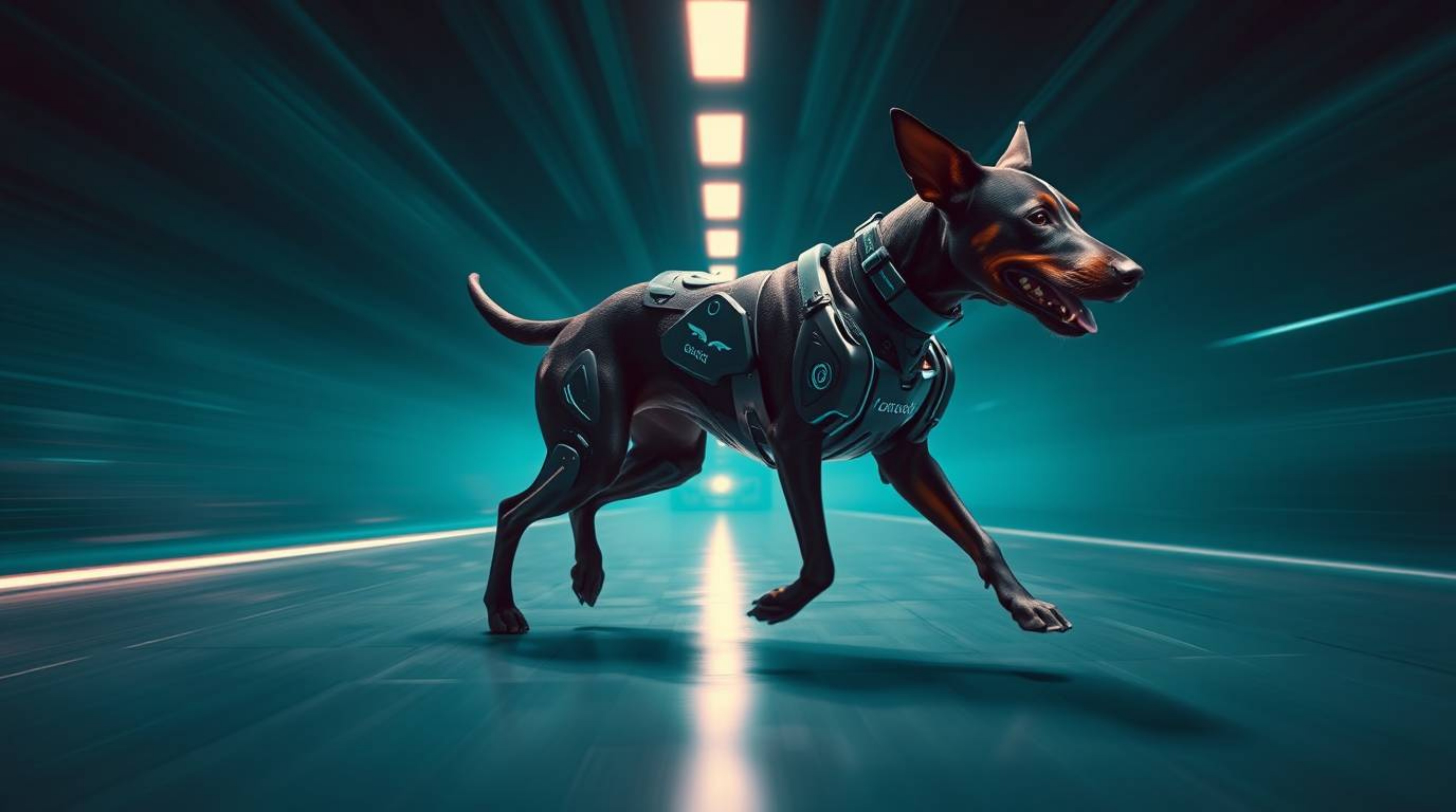 Imagine a rich, deep teal and dynamic image showcasing a futuristic dog confidently walking itself in the vast expanse of spa