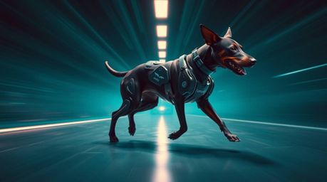 Imagine a rich, deep teal and dynamic image showcasing a futuristic dog confidently walking itself in the vast expanse of spa
