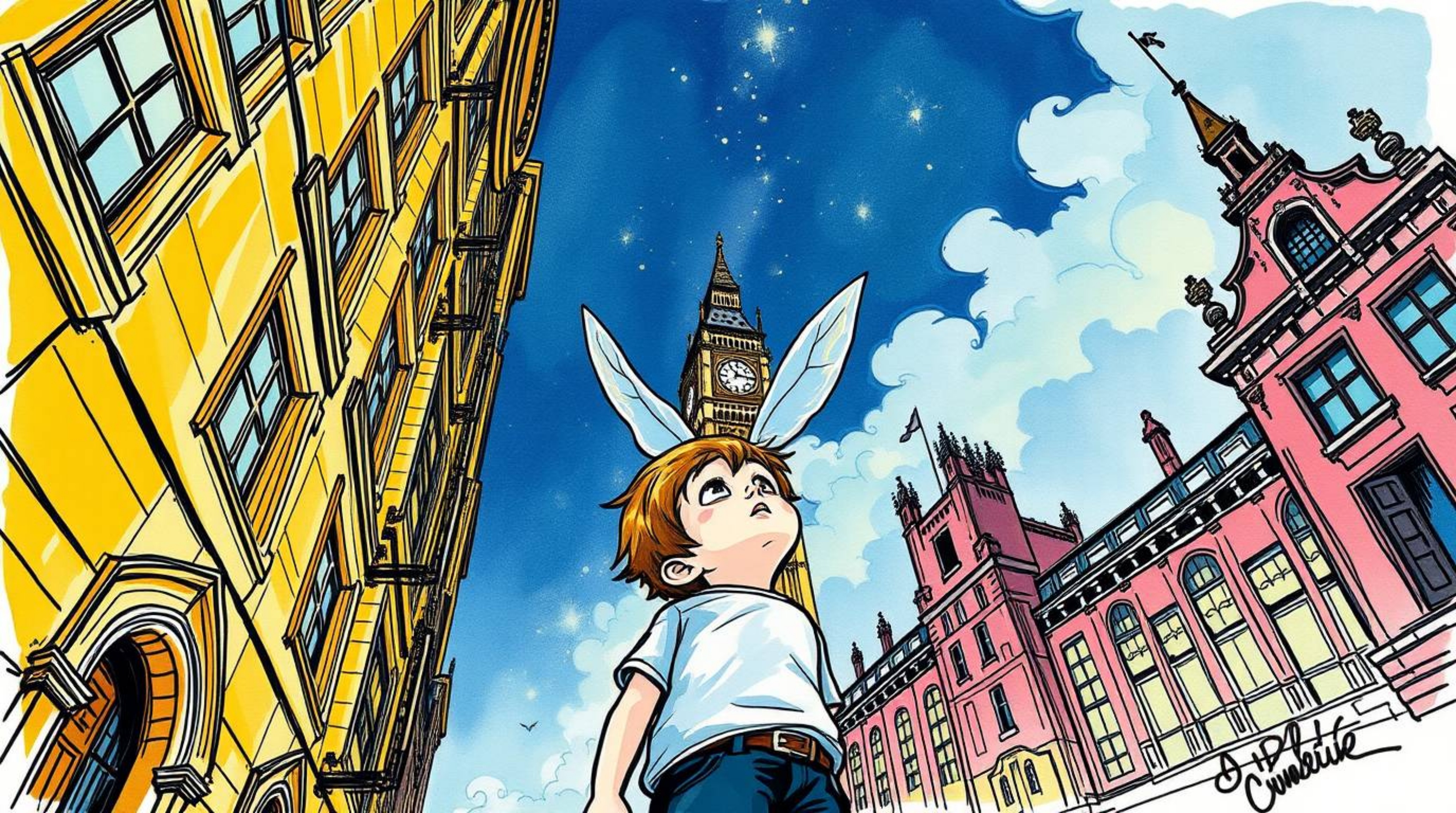 A captivating hand-drawn sketchnote depicts a young boy soaring above the London skyline, sprinkled with pixie dust.  The low