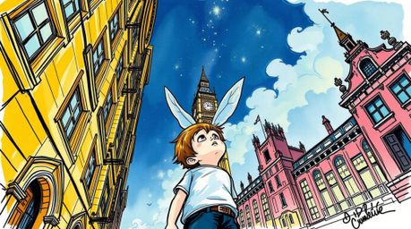 A captivating hand-drawn sketchnote depicts a young boy soaring above the London skyline, sprinkled with pixie dust.  The low