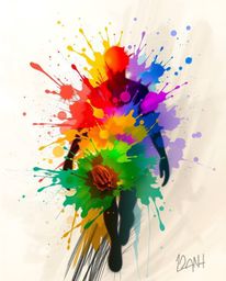 A dynamic digital sketch showcasing loose painterly strokes that form a human silhouette with vibrant, colorful splash patter