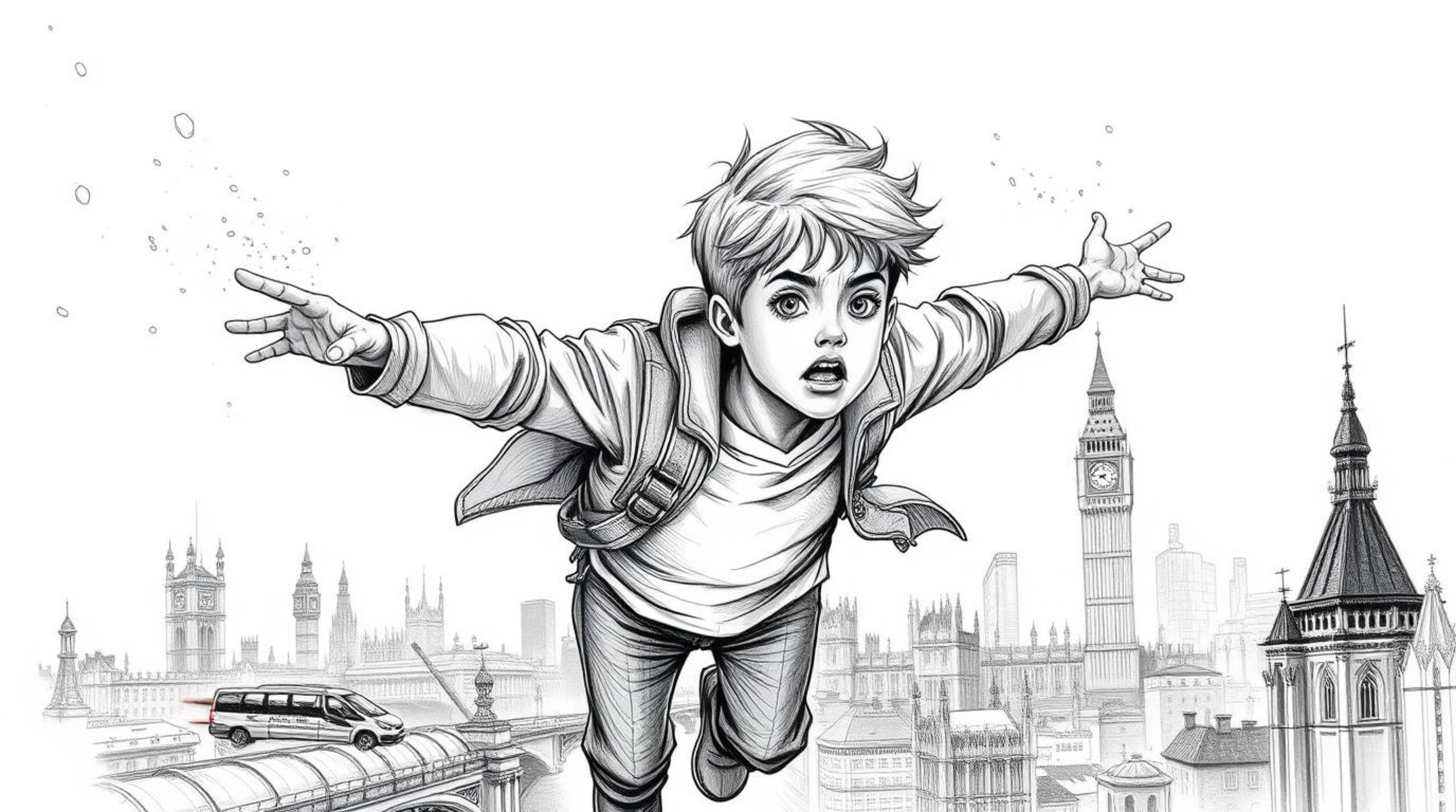 A hand-drawn sketch on an epic scale depicts a young boy with determined features soaring above London, powered by pixie dust