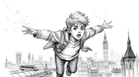 A hand-drawn sketch on an epic scale depicts a young boy with determined features soaring above London, powered by pixie dust