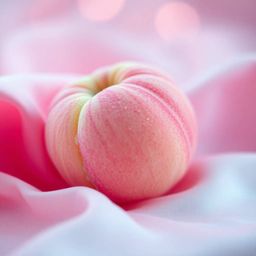 A cool-toned, close-up ASMR image featuring a graceful and elegant, soft, blushing pink peach resting on silky pastel pink fa
