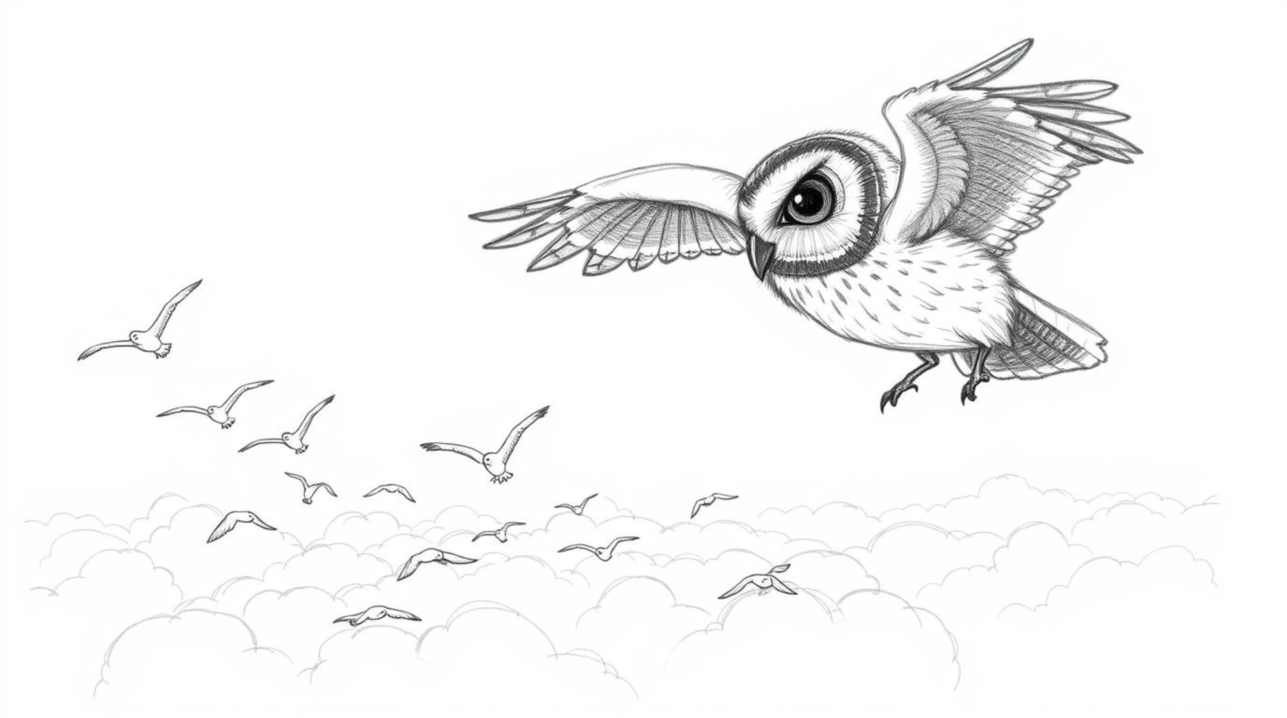 A captivating hand-drawn sketch, reminiscent of Pixar artistry, portrays a blind owl with subtly textured feathers. This insp