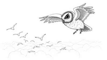 A captivating hand-drawn sketch, reminiscent of Pixar artistry, portrays a blind owl with subtly textured feathers. This insp