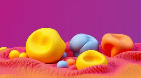 This abstract poster design showcases vibrant, sculptural clay artwork in electric colors.  The modeled shapes and textures a