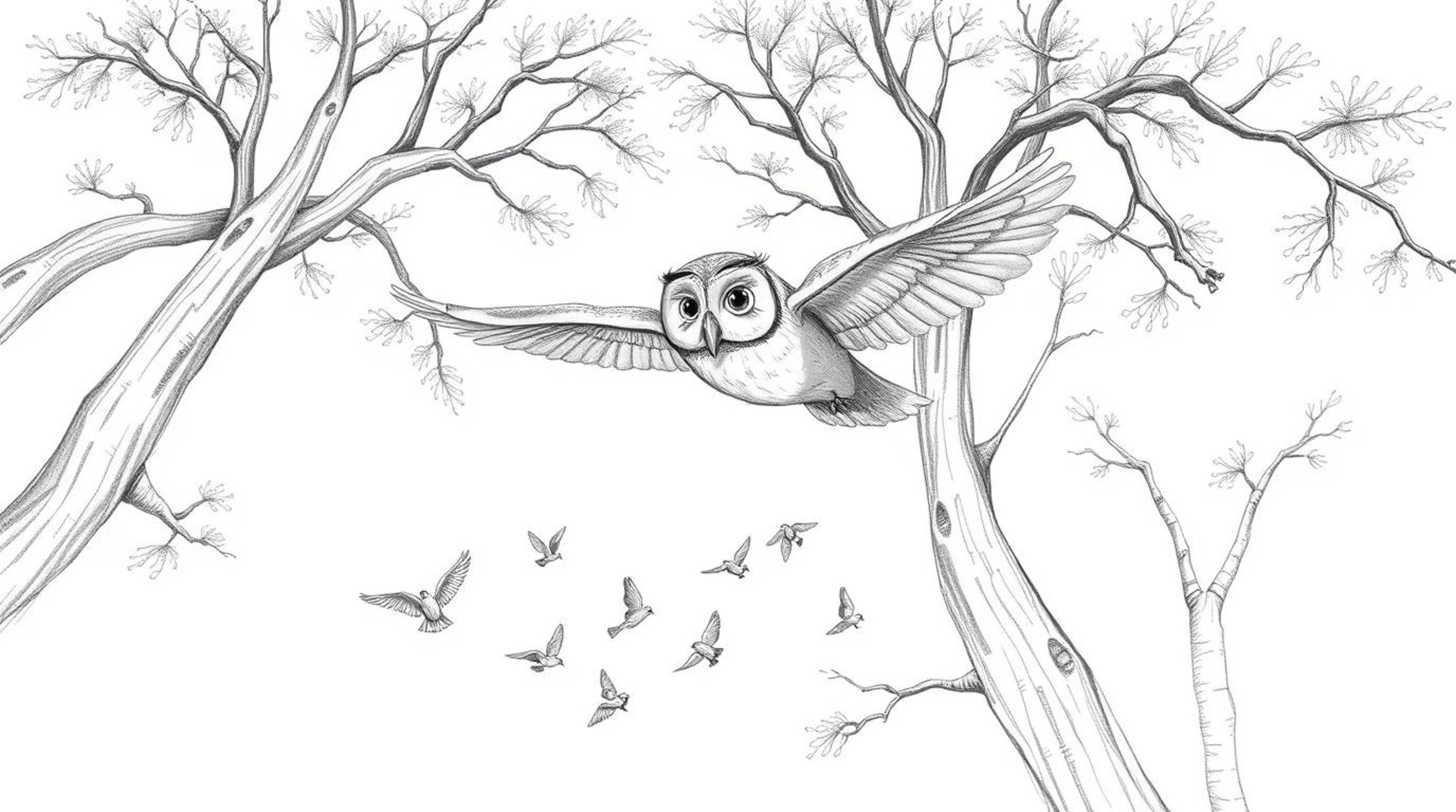 A charming Pixar-style, hand-drawn sketch depicts a wise-looking blind owl with smooth, rounded features gracefully gliding t