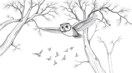 A charming Pixar-style, hand-drawn sketch depicts a wise-looking blind owl with smooth, rounded features gracefully gliding t