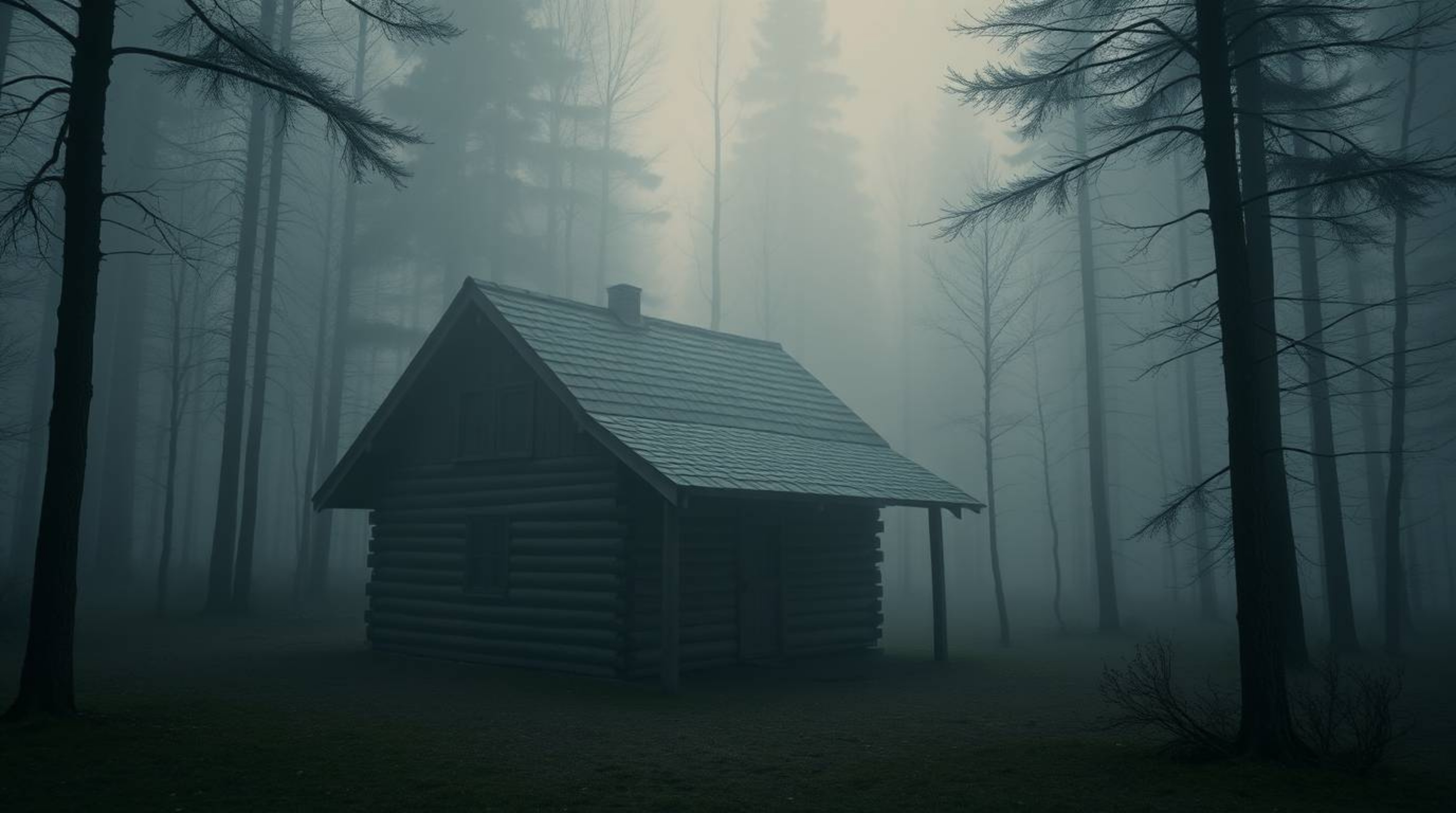 A captivating high-resolution stock photo depicting an old wooden cabin nestled deep within a sunset woods, shrouded in thick