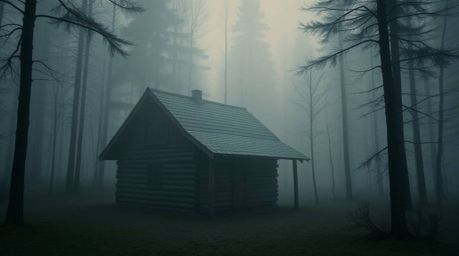 A captivating high-resolution stock photo depicting an old wooden cabin nestled deep within a sunset woods, shrouded in thick