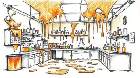 This hand-drawn sketch depicts a slime-covered science lab bathed in warm autumn colors. The rough lines and textured pencil 