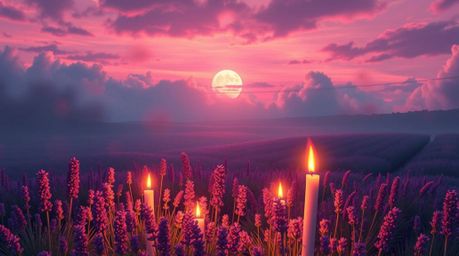 A digital painting showcasing vibrant lavender fields basking under a dreamy pink sky, beautifully illuminated by the warm gl
