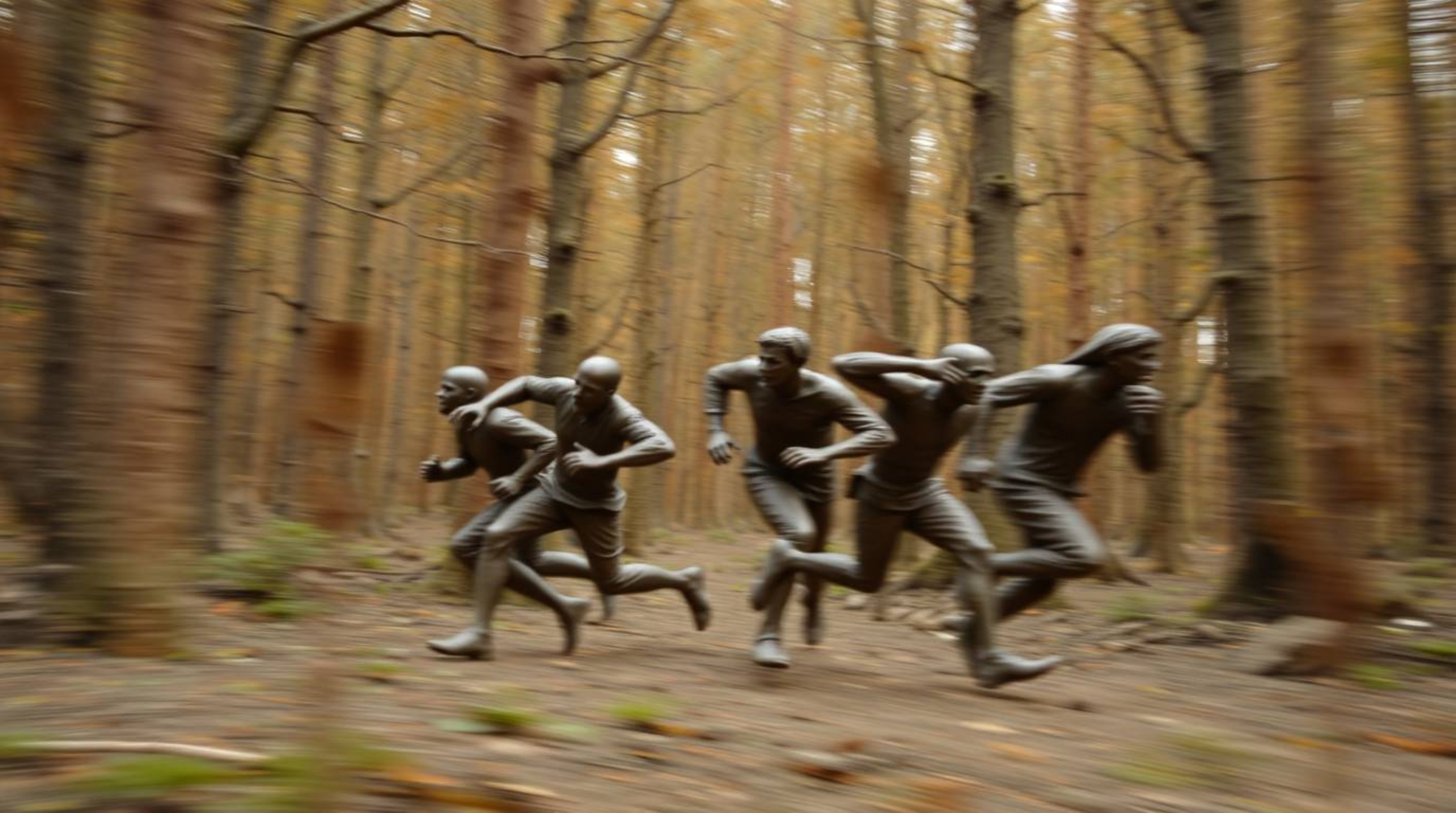 A captivating bronze sculpture depicting a dynamic chase scene through a looping forest.  Rendered in natural earth tones wit