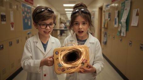 A vibrant, cinematic photograph captures a dynamic science fair duo in a scene reminiscent of Pixar's playful storytelling. A