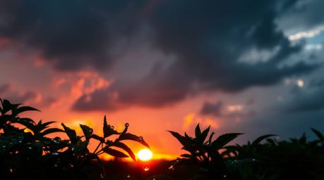 Experience the raw power of nature with intense dramatic weather, where a sunset reflecting in raindrops on leaves creates a 